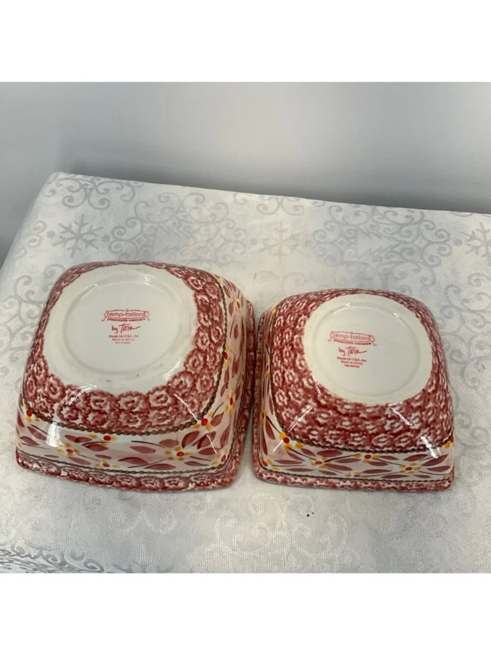 Temp-Tations Old World Square Ceramic Bowls CranberryFloral Set Of 2 Oven Safe